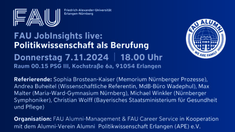 Zum Artikel "Veranstaltungshinweis: 07.11.24 FAU JobInsights live – Studierende fragen, Alumni antworten. Politikwissenschaft als Berufung"